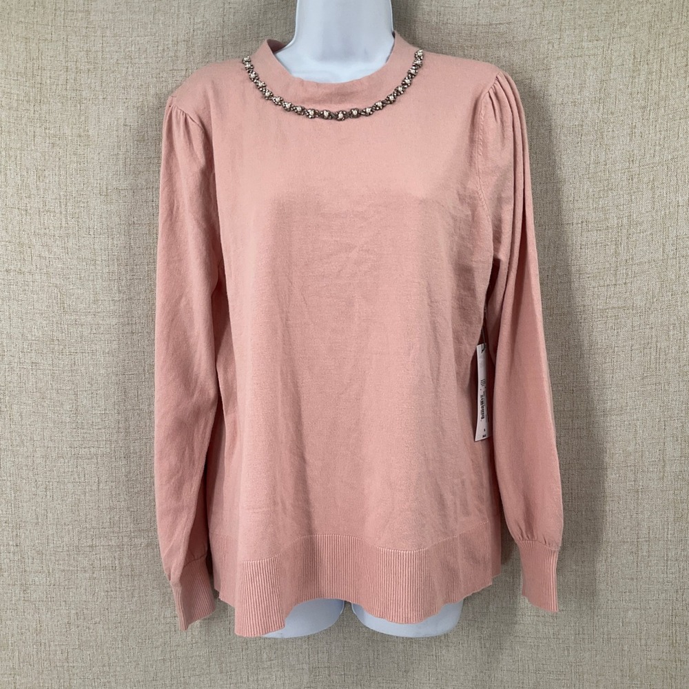 Liz Claiborne Sweater Womens XL Pink Pearl Rhinestone Embellished Classic NEW
